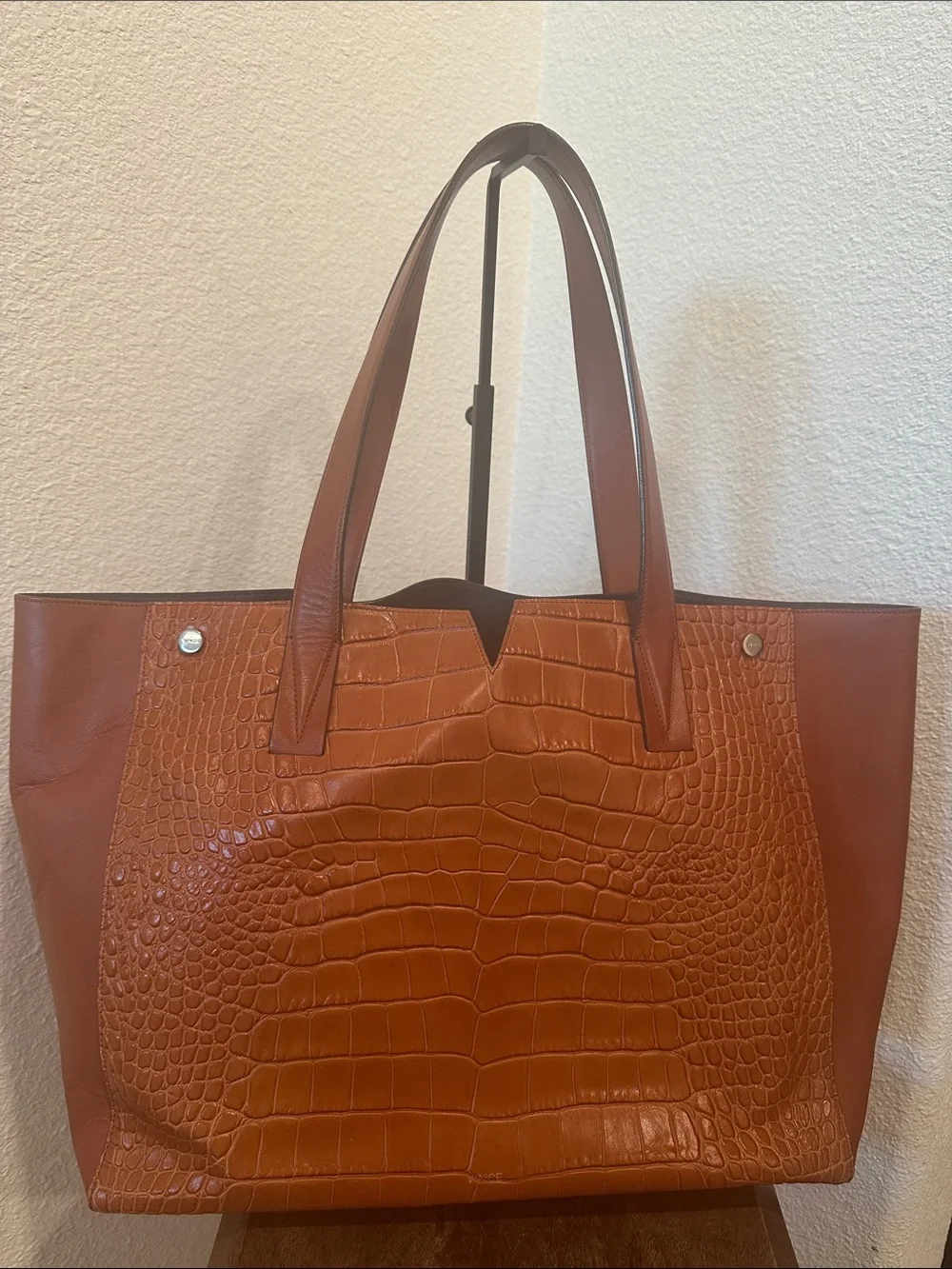 Vince Signature V Croc-Embossed Leather Tote Color Cognac